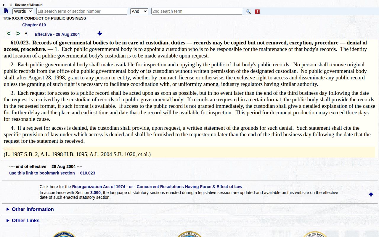 Ripley County 72-hour release records request under Missouri Section 610.023