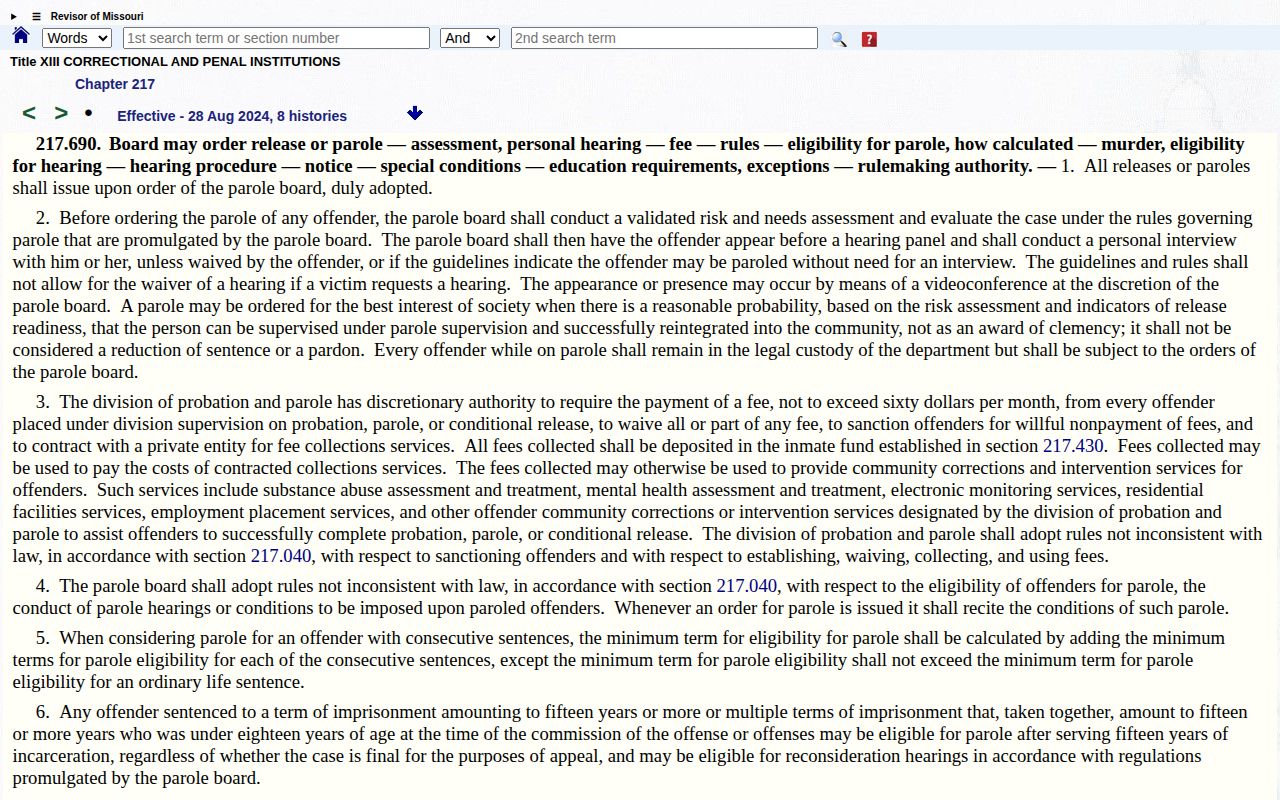Missouri statute page governing parole authority and eligibility