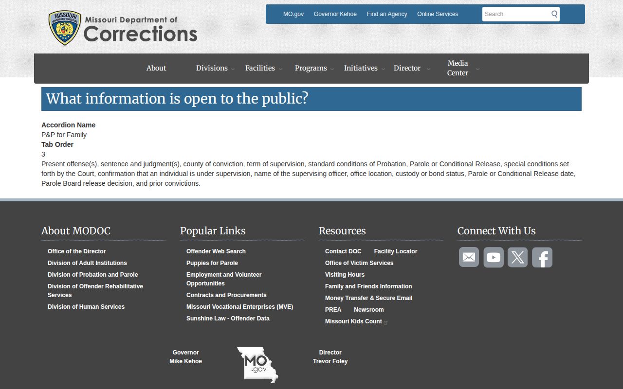 Missouri Department of Corrections public offender information page