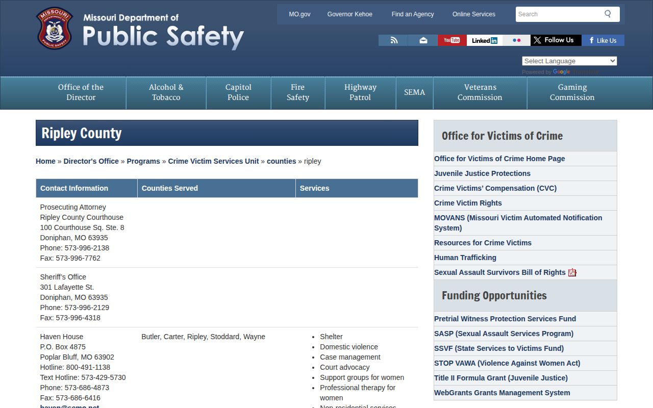Official Missouri directory entry for the Ripley County Sheriff and detention records contact