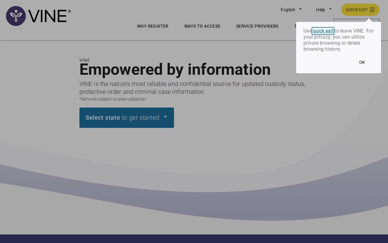 Official VINELink page used to select Missouri and search for a person